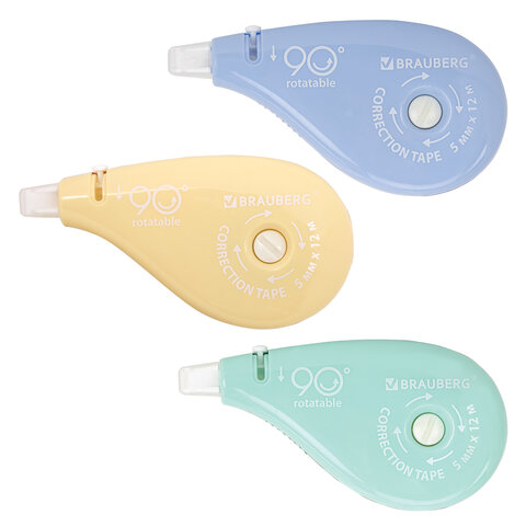 Корректирующая лента BRAUBERG PASTEL 5 мм х 12 м, вращающийся наконечник 90°, ВЫГОДНАЯ УПАКОВКА 3 штуки в блистере,механизм перемотки,272489 - МСК «Форвард»