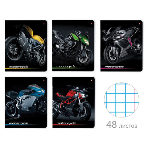 Тетрадь А5 48л. АЛЬТ скоба, клетка, глянцевый лак, Спортивные мотоциклы (5 видов), 7-48-844 404120