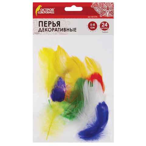 Перья декоративные КАРНАВАЛЬНЫЕ (5-8см), 24шт., 6 цветов, ЯРКИЕ, ассорти, ОСТРОВ СОКРОВИЩ, 661376