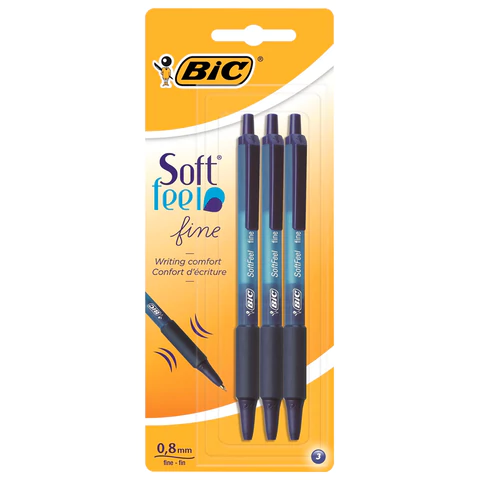 Ручки шариковые автоматические с грипом BIC "Soft Feel Fine", НАБОР 3 шт., линия письма 0,8 мм, блистер, 893221 143983