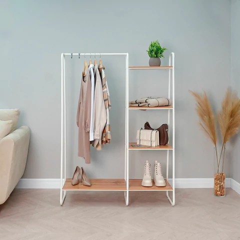 Вешалка-стеллаж ZMI "Скандинавия-1", 1470х1100х385 мм, 5 полок, металл/ЛДСП, белая/дуб, ГСС1 Б 700931 - МСК «Форвард»