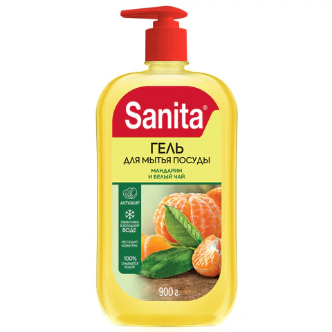 Гель для мытья посуды 900 г, SANITA "Мандарин и белый чай", дозатор, 27861 701229
