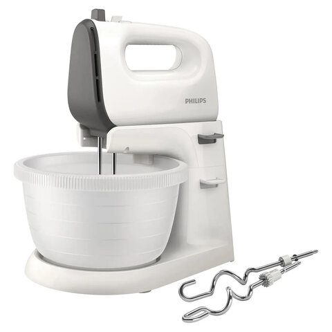 Миксер PHILIPS HR3745/00 на подставке 450 Вт, 5 скоростей, 2 венчика, 2 крюка для теста, чаша, белый 456937 - МСК «Форвард»