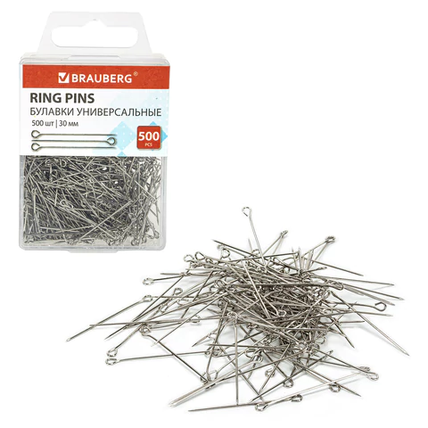 Булавки универсальные с головками-петельками BRAUBERG, 30 мм, 500 штук, в пластиковой коробке, 271319 - МСК «Форвард»