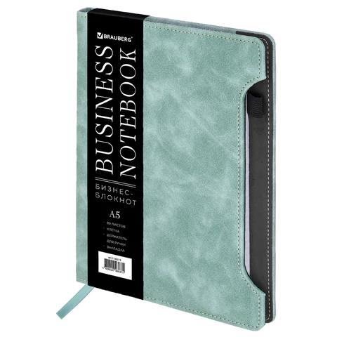 Блокнот А5 165x218 мм, BRAUBERG "Perfect", под кожу софт-тач, держатель для ручки, 80 листов, клетка, серо-голубой, 116615 - МСК «Форвард»