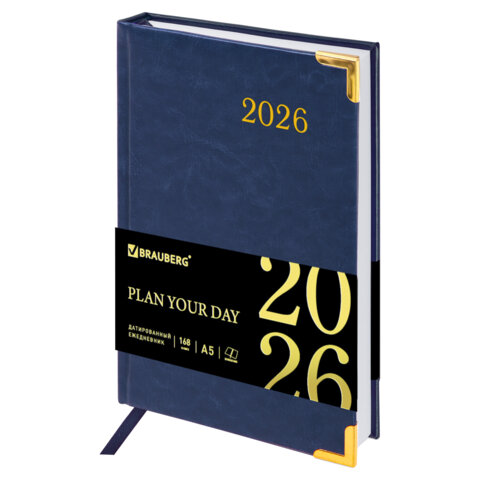 Ежедневник датированный 2026, А5, 138x213 мм, BRAUBERG "Senator", под кожу, синий, 117091