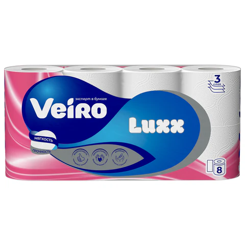 Бумага туалетная быт., спайка 8 шт., 3-х слойная, (8х17 м), VEIRO Luxoria, белая, 5с38, 128029 - МСК «Форвард»