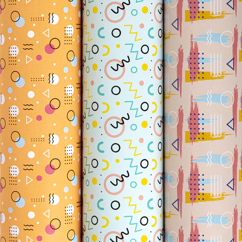 Бумага упаковочная мелованная НАБОР 3 шт., "Memphis", 70х100 см, 3 дизайна, ЗОЛОТАЯ СКАЗКА, 592067 - МСК «Форвард»