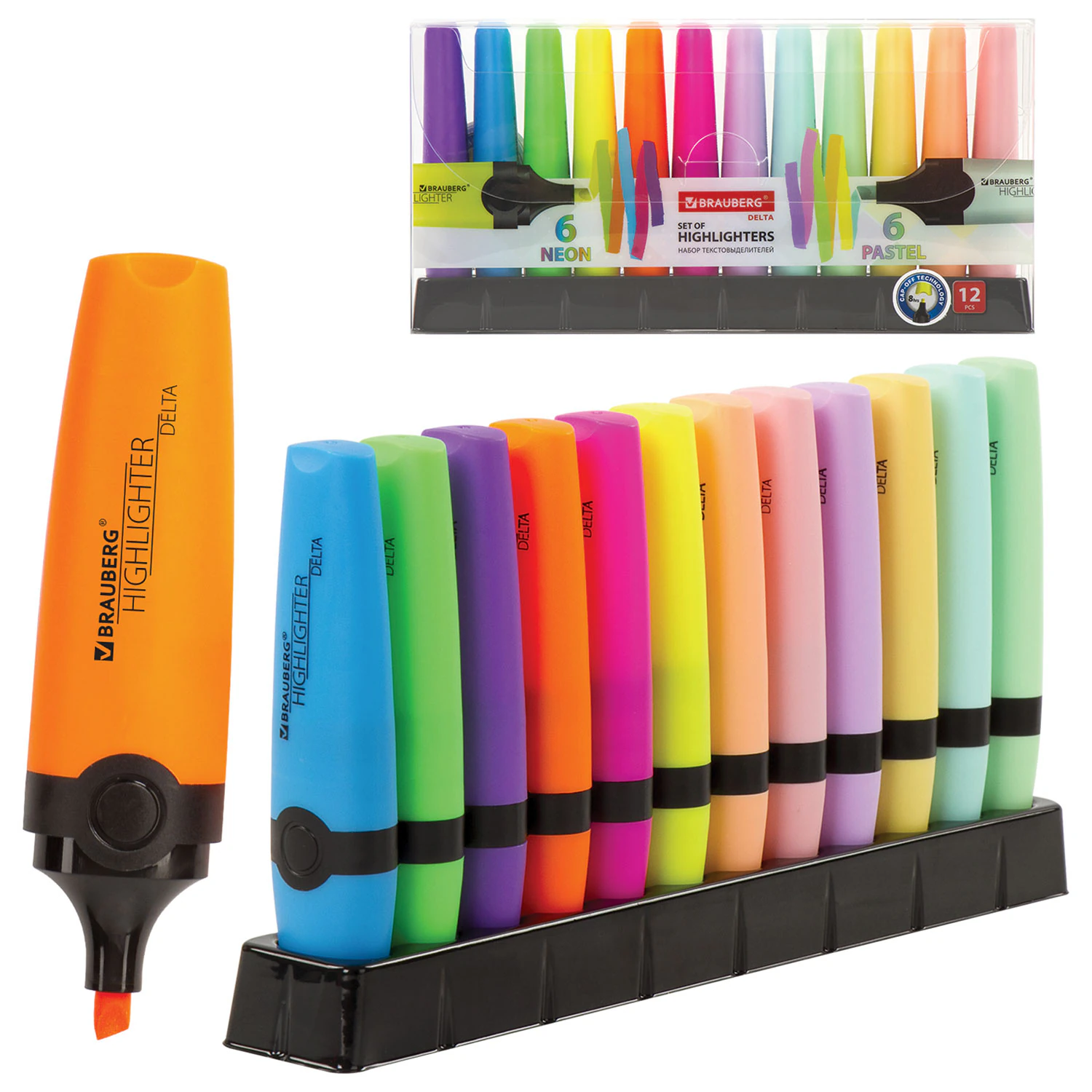 Набор текстовыделителей 12 ЦВЕТОВ на подставке, BRAUBERG "DELTA", линия 1-5 мм, 151737