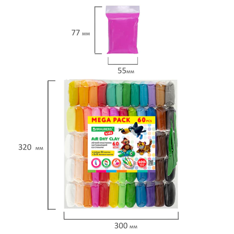 Пластилин супер лёгкий воздушный застывающий 60 шт. (36 цветов + 2 х 12 базовых), 600 г, 3 стека, BRAUBERG KIDS, 106311 - МСК «Форвард»