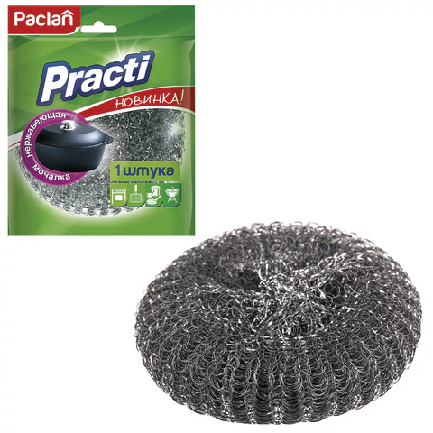 Губка (мочалка) для посуды металлическая, БОЛЬШАЯ, сетчатая, 38г, PACLAN "Practi", 601835