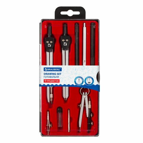 Готовальня BRAUBERG "Architect", 9 предм: циркуль+измерит+кронц-ль,рейсф+держ,удлинит,грифель,210353