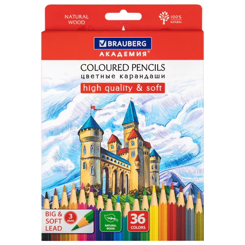 Карандаши цветные мягкие BRAUBERG АКАДЕМИЯ, 36 цветов, шестигранные, грифель 3 мм, натуральное дерево, 181867 - МСК «Форвард»