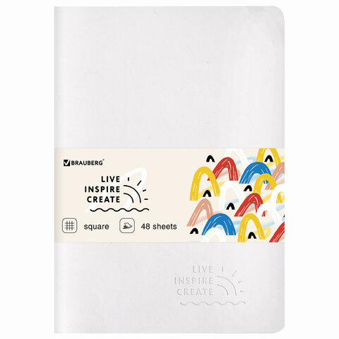 Тетрадь A5 (147х210мм) 48л, сшивка, клетка, кожзам SoftTouch, белый, BRAUBERG RAINBOW, 403881