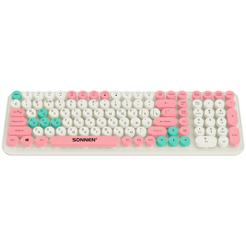 Клавиатура беспроводная бесшумная USB, 105 клавиш, SONNEN K303PM, слоновая кость / розовый / мятный, 513977 