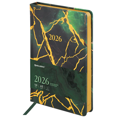 Ежедневник датированный 2026 А5 138x213 мм, BRAUBERG "Vista", под кожу, твердый, "Green marble", 117456