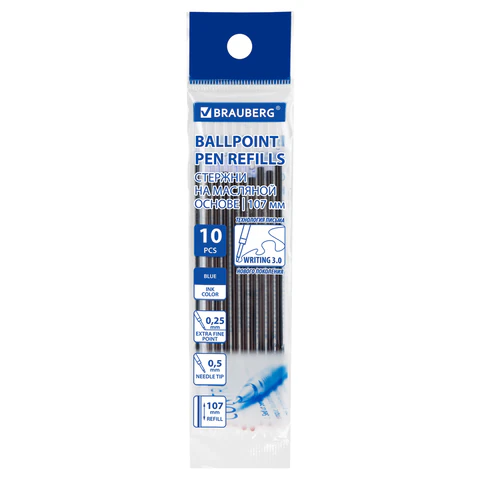 Стержни шариковые масляные с ушками BRAUBERG "WRITING 3.0", 107 мм, КОМПЛЕКТ 10 ШТ., СИНИЕ, игольчатый узел 0,5 мм, 170415