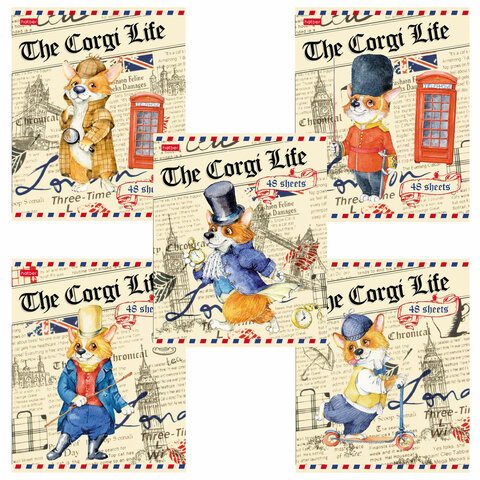 Тетрадь А5 48л. HATBER скоба, клетка, обложка картон, Корги_LIFE (5 видов в спайке), 48Т5В1 404480