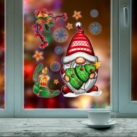 Наклейка для окон двусторонняя, МНОГОРАЗОВАЯ, 30х38 см, "Рождественский Гном", ЗОЛОТАЯ СКАЗКА, 592137 - МСК «Форвард»