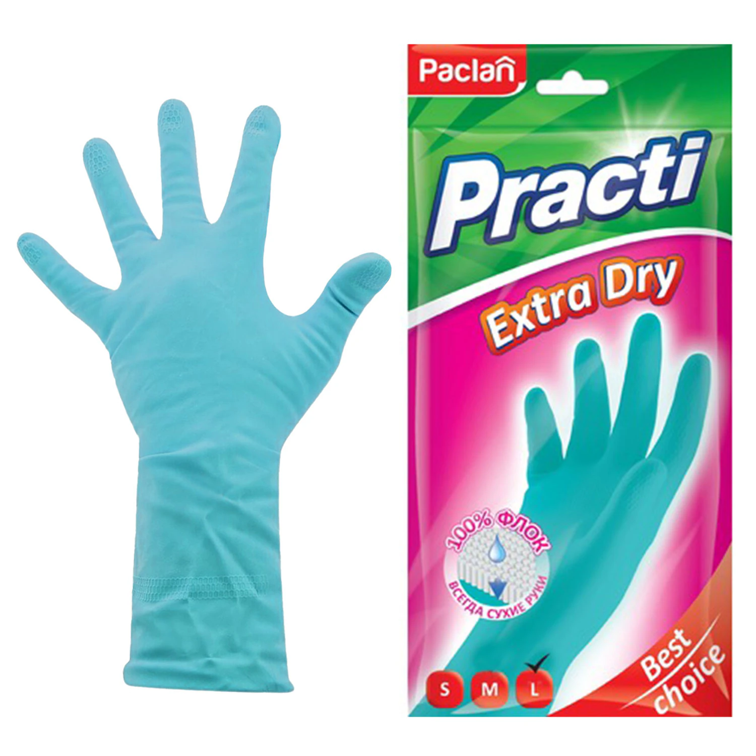 Перчатки хоз. резиновые, х/б напыление, 100% флок, размер L, синие, Practi Extra Dry, PACLAN, 7350 607083