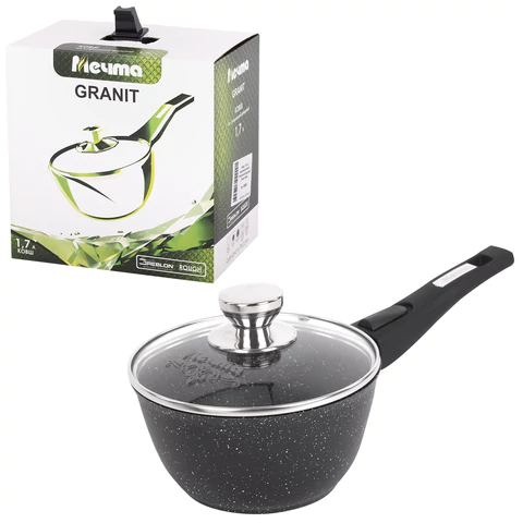 Ковш 1,7 л, съемная soft-touch ручка, жаропрочная стеклянная крышка, антипригарное покрытие, МЕЧТА "Гранит Black", 082802 700719