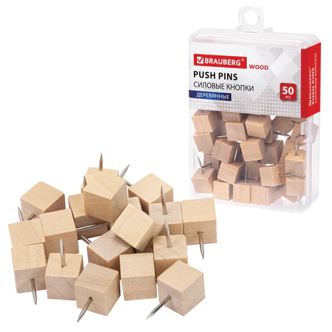 Силовые кнопки-гвоздики BRAUBERG WOOD, деревянные (кубики), 50 штук, 10 мм, 272762