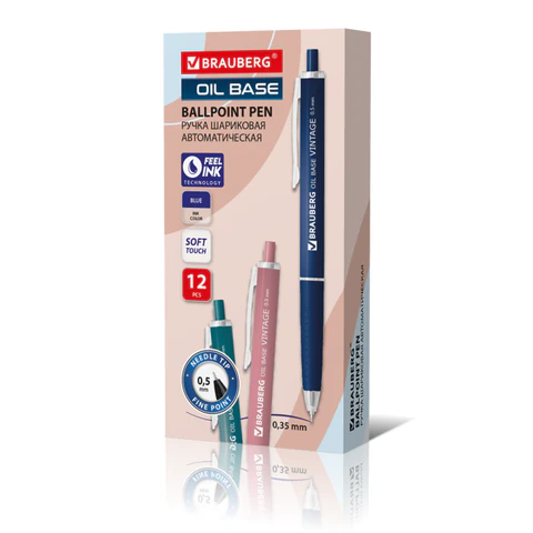 Ручка шариковая автоматическая BRAUBERG "OIL-BASE VINTAGE", корпус ассорти, СИНЯЯ, пишущий узел 0,5 мм, линия письма 0,3 мм, 144500 - МСК «Форвард»