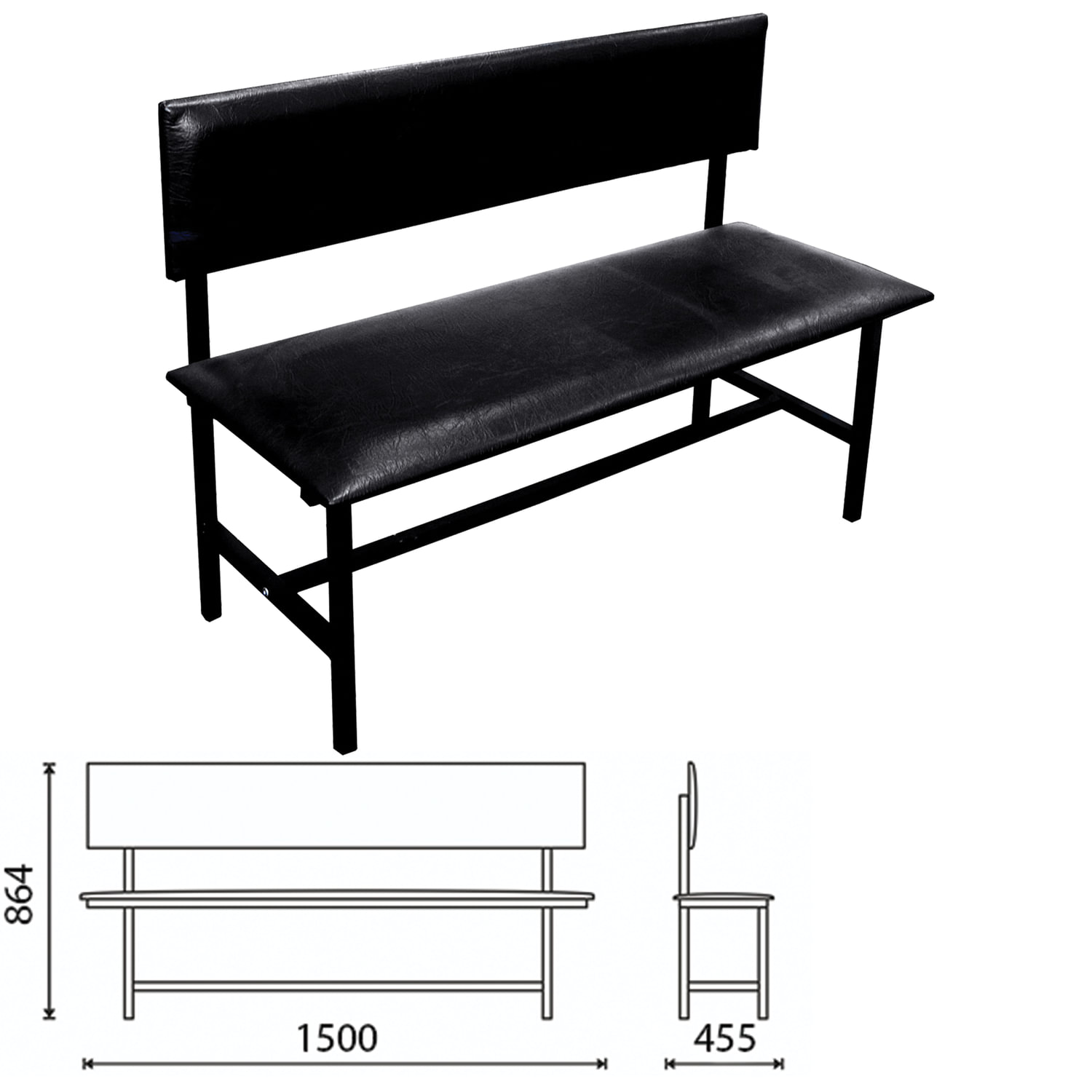 Банкетка со спинкой "Берта" (ш1500*г455*в864), УСИЛЕННАЯ, черн.каркас, кожзам черн,разбор.,БМ6 К01 531265