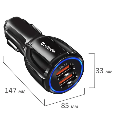 Зарядное устройство АВТОМОБИЛЬНОЕ, 2 порта USB, выходной ток 3А, черное, DEFENDER UCA-100, 83833 456592 - МСК «Форвард»