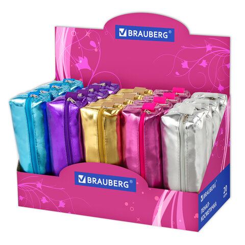 Пенал-косметичка BRAUBERG под искуств. кожу, ассорти 5 цветов, Винтаж, 20*6*4см, дисплей, 223268