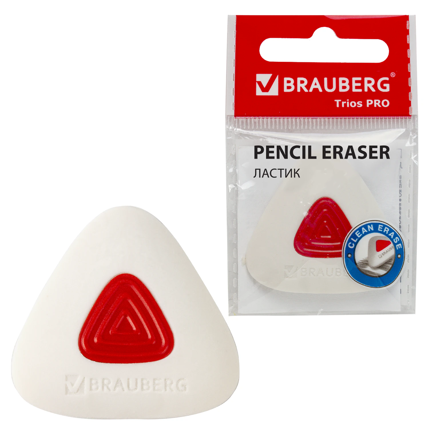 Ластик BRAUBERG "Trios PRO", 36*36*9мм, белый, треугольный, красный пластиковый держатель, 229559