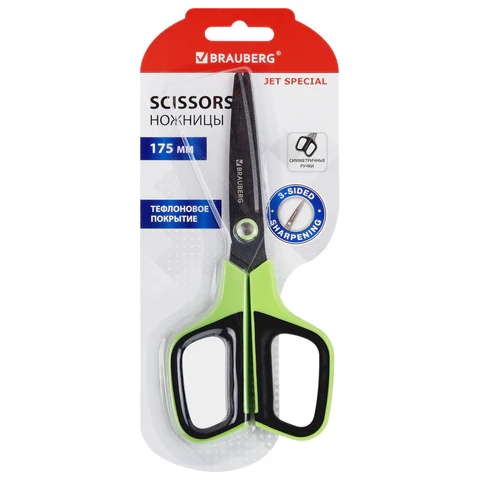 Ножницы BRAUBERG "JET Special", салатовые, 175 мм, 3-сторонняя заточка, тефлоновое покрытие, 238851 - МСК «Форвард»