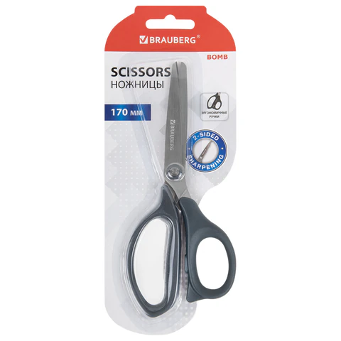 Ножницы BRAUBERG "BOMB", 170 мм, графитовый цвет, 2-сторонняя заточка, эргономичные, 238857 - МСК «Форвард»