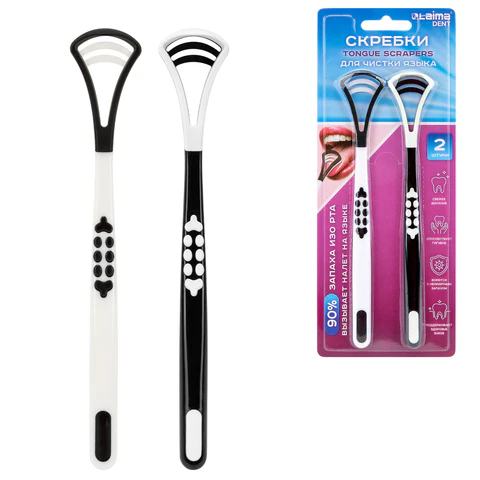Скребок для языка двусторонний с зубчиками, КОМПЛЕКТ 2 шт., удобная ручка, пластик, LAIMA DENT, 609412 - МСК «Форвард»