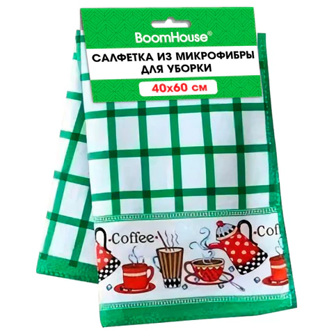 Салфетка из МИКРОФИБРЫ универсальная, 40х60 см, зеленая клетка, орнамент, 240 г/м2, BOOMHOUSE (БУМХАУС), 700878 - МСК «Форвард»