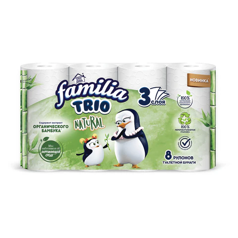 Бумага туалетная бытовая, спайка 8 шт., 3-слойная (8х16,7 м), FAMILIA TRIO Natural, белая, 5080971 118569