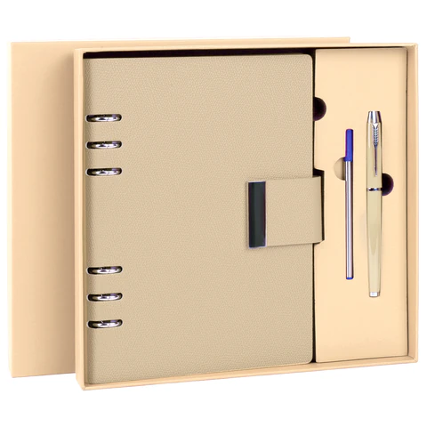 Ежедневник на кольцах в наборе с ручкой А5, 165x229 мм, BRAUBERG "Lux", под кожу, 100 листов, бежевый, 116859 - МСК «Форвард»