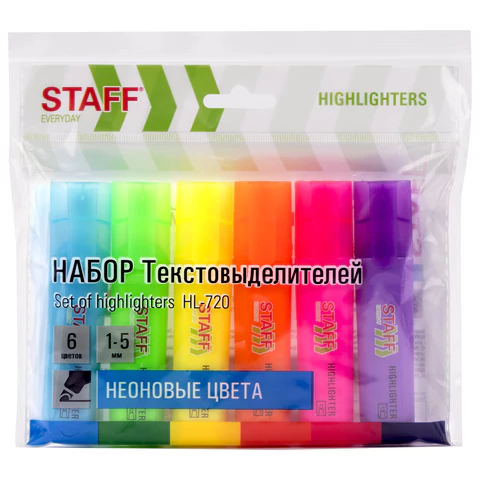 Набор текстовыделителей 6 НЕОНОВЫХ ЦВЕТОВ, STAFF "EVERYDAY HL-720", линия 1-5 мм, скошенный наконечник, 152556 - МСК «Форвард»