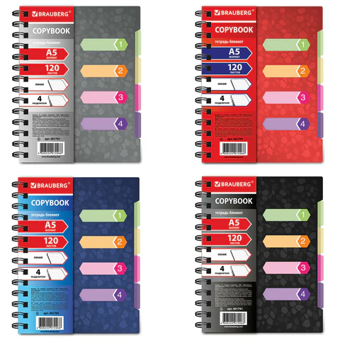 Тетрадь-блокнот 120л. A5 170x215мм BRAUBERG линия, гребень, обложка пластик, 4 разд, Rich, 401791