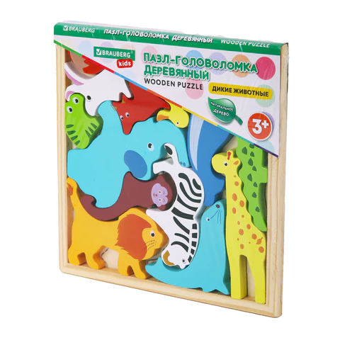 Пазл деревянный развивающий для детей "Дикие животные", 17х17 см, BRAUBERG KIDS, 665250 - МСК «Форвард»
