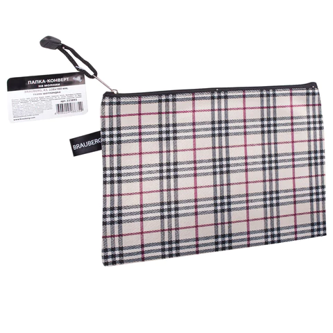 Папка-конверт на молнии МАЛОГО ФОРМАТА (238х180 мм) А5, ткань в клетку, BRAUBERG "Checked", 223893