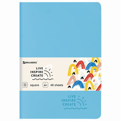 Тетрадь A5 (147х210мм) 48л, сшивка, клетка, кожзам SoftTouch, голубой, BRAUBERG RAINBOW, 403880