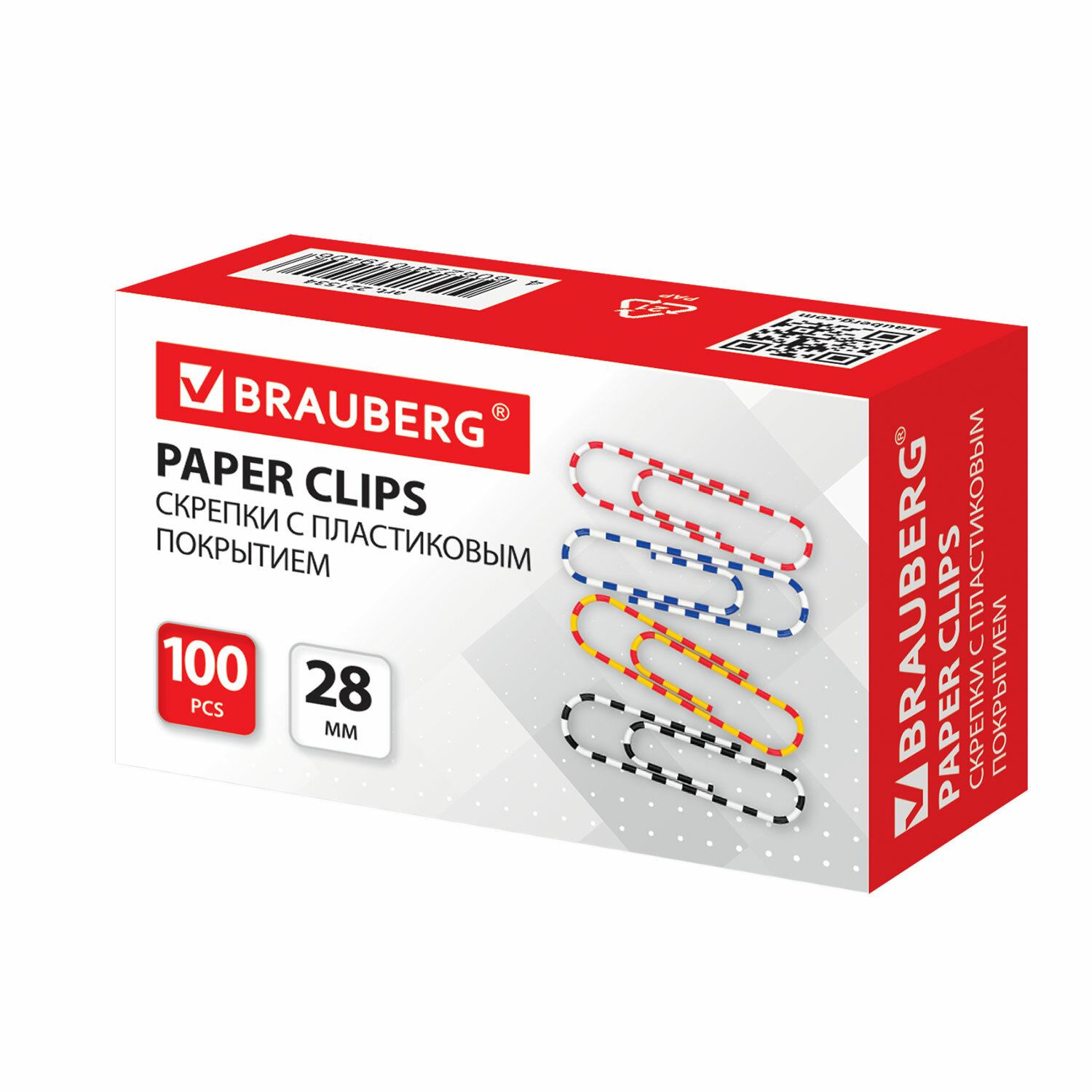 Скрепки BRAUBERG 28 мм с цветными полосками, 100 шт., в карт. коробке, 221534