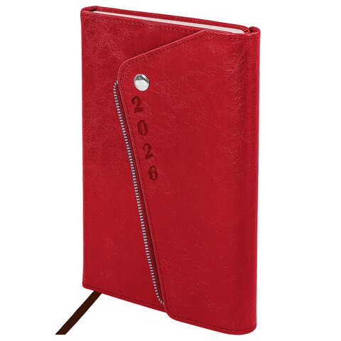 Ежедневник датированный 2026, А5, 145х213 мм, BRAUBERG "Jacket", под кожу, клапан, держатель, красный, 117401
