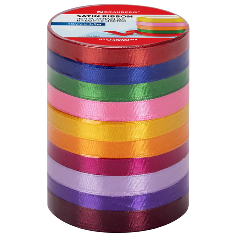 Лента атласная ширина 10 мм, набор 10 цветов по 4,5м, BRAUBERG, 591506