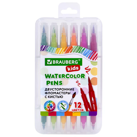 Фломастеры двусторонние с кистью 12 цветов (кисть/классический), СУПЕРКЕЙС, BRAUBERG KIDS, 152188 - МСК «Форвард»