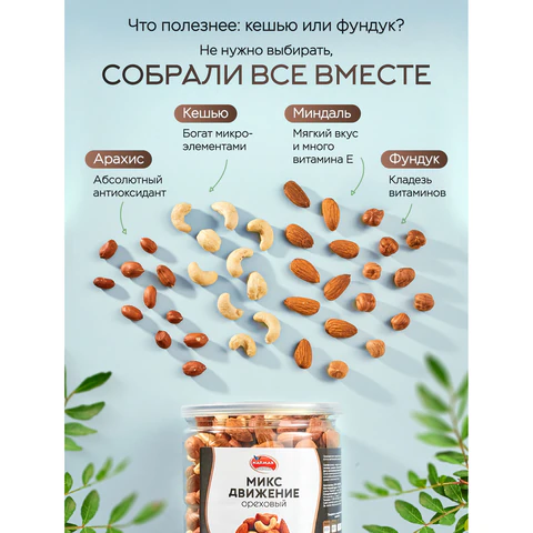 Орехи сушеные в банке "МИКС Движение", кешью, фундук, миндаль, арахис, 1 кг, NARMAK 622757 - МСК «Форвард»