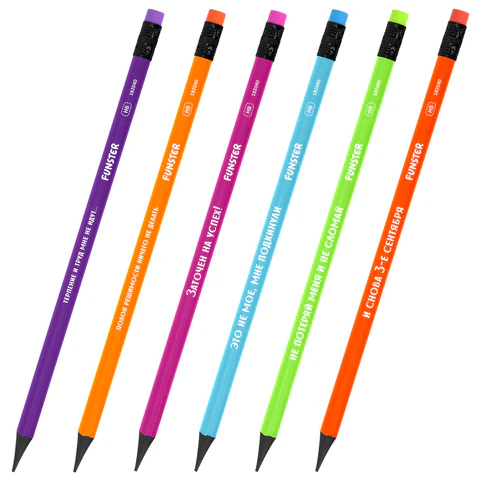 Набор карандашей чернографитных с мемной надписью FUNSTER (ФАНСТЕР) FUNNY NOTES CLRD, 6 штук, HB, с ластиком, 182040 - МСК «Форвард»
