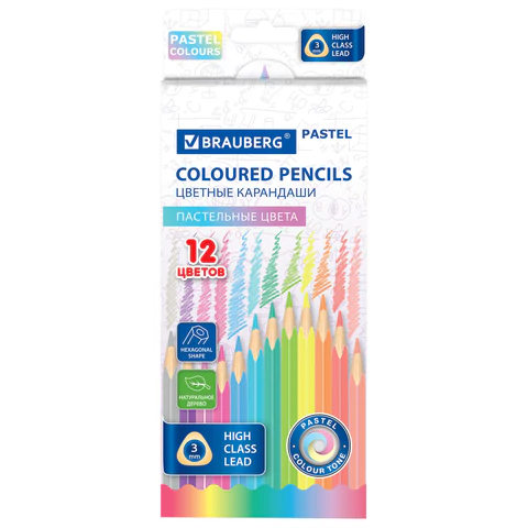 Карандаши цветные BRAUBERG PASTEL, 12 пастельных цветов, трехгранные, грифель 3 мм, натуральное дерево, 181850 - МСК «Форвард»