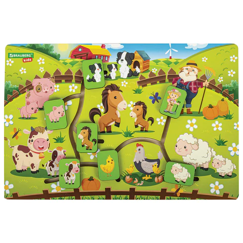 Игра-лабиринт деревянная развивающая "Животные в деревне", с бегунками, BRAUBERG KIDS, 665264 - МСК «Форвард»